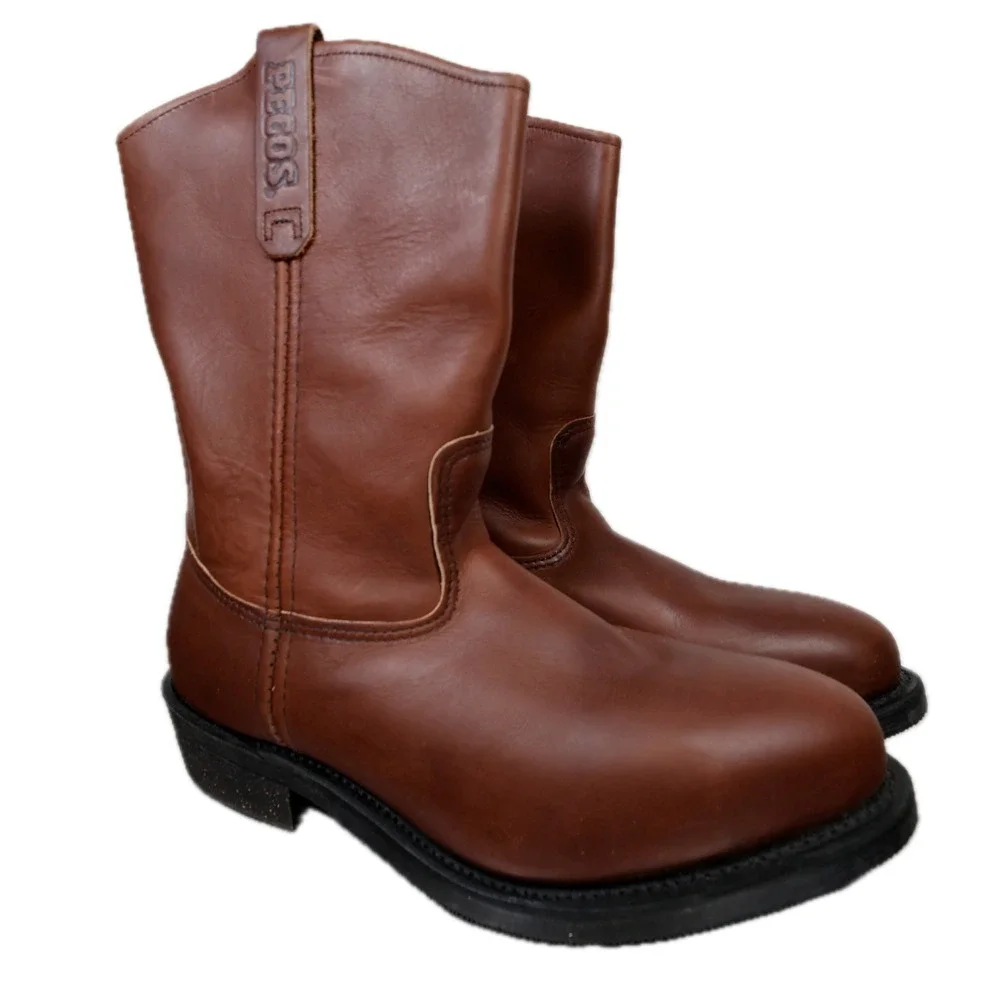 Red Wing Pecos 2214 Boots Mens 11 Brown Leather Steel Toe Pull On Made in USA